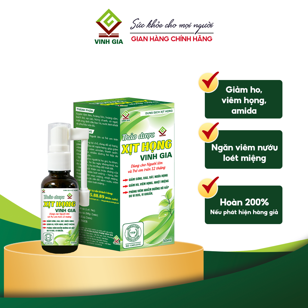 Thảo dược xịt họng Vinh Gia – Dùng cho người lớn và trẻ em (Lọ 30ml)