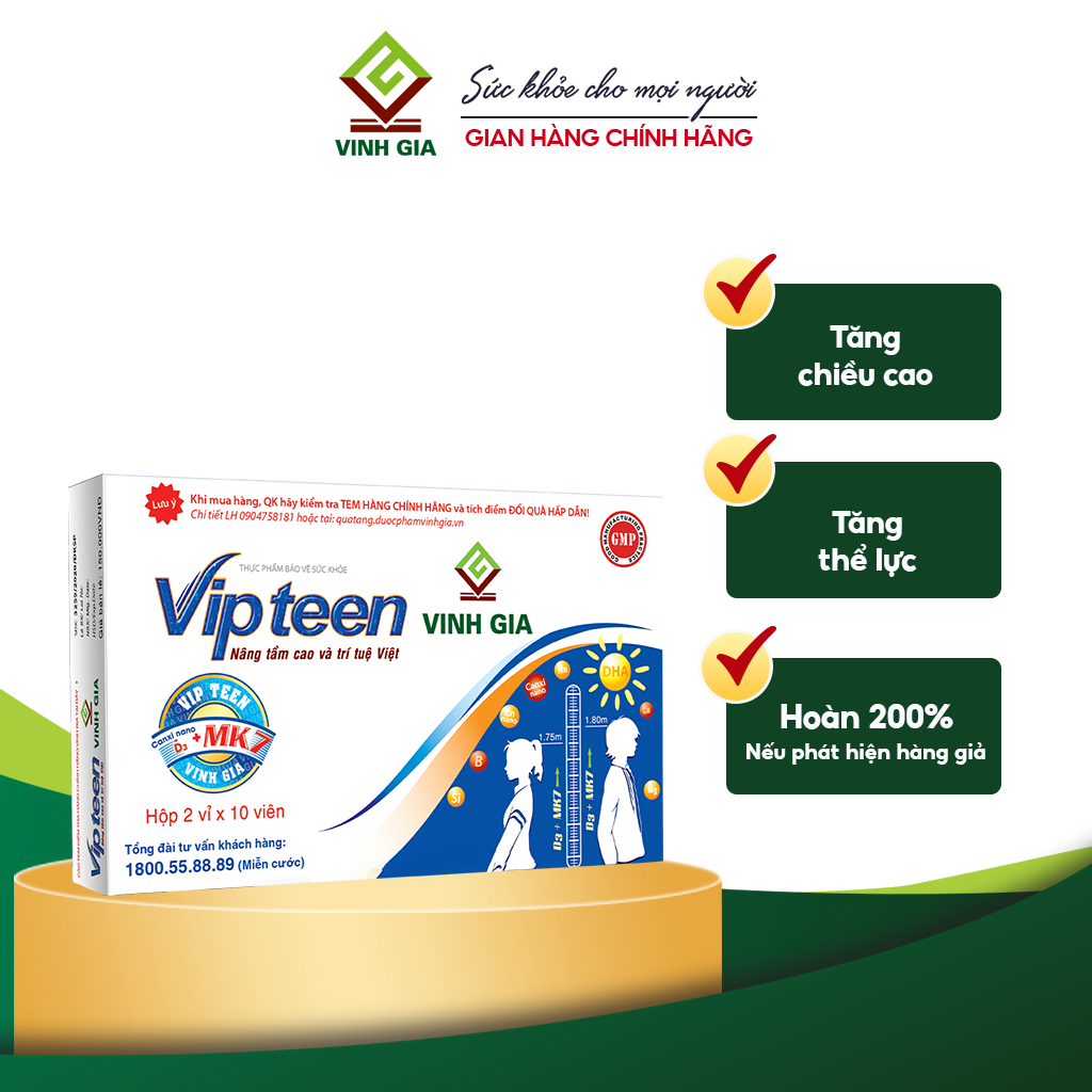 Viên uống Vipteen Vinh Gia – Phát triển chiều cao và hỗ trợ hạn chế nguy cơ còi xương, thấp còi ở trẻ